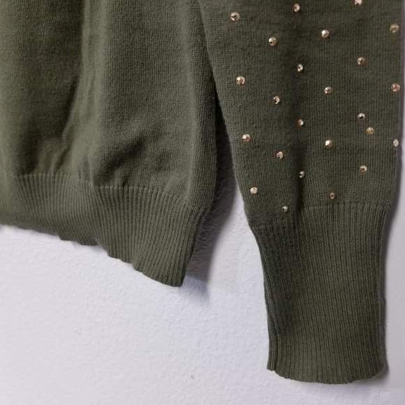 Womens EXPRESS Crew Neck Embellished Sleeve Fitted Sweater Olive Green Sz XS - Picture 5 of 5